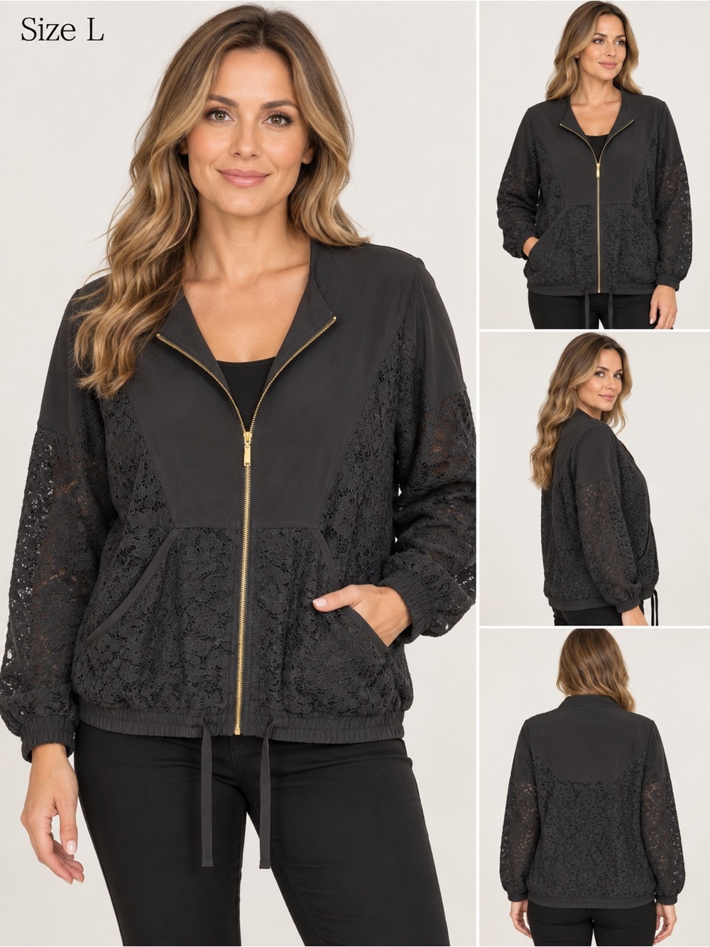 Kensie Black Lace Bomber Jacket with Gold Zip - Picture 2 of 9